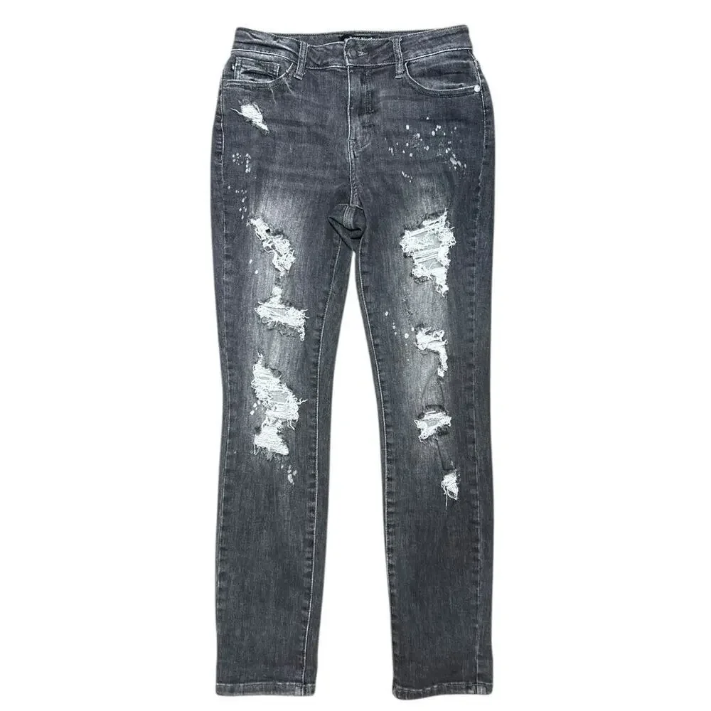 Judy Blue Boyfriend Fit Black Gray Distressed Jeans Stretch Mid Rise Denim 7/28 - Picture 2 of 8